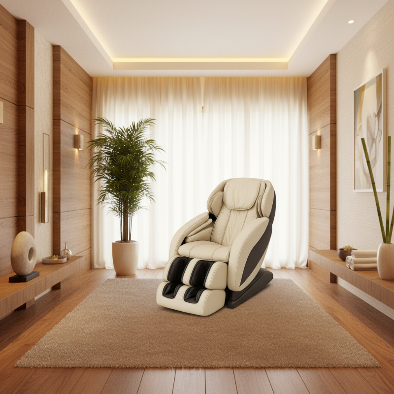 Massage chair in a modern room with wooden walls and decor