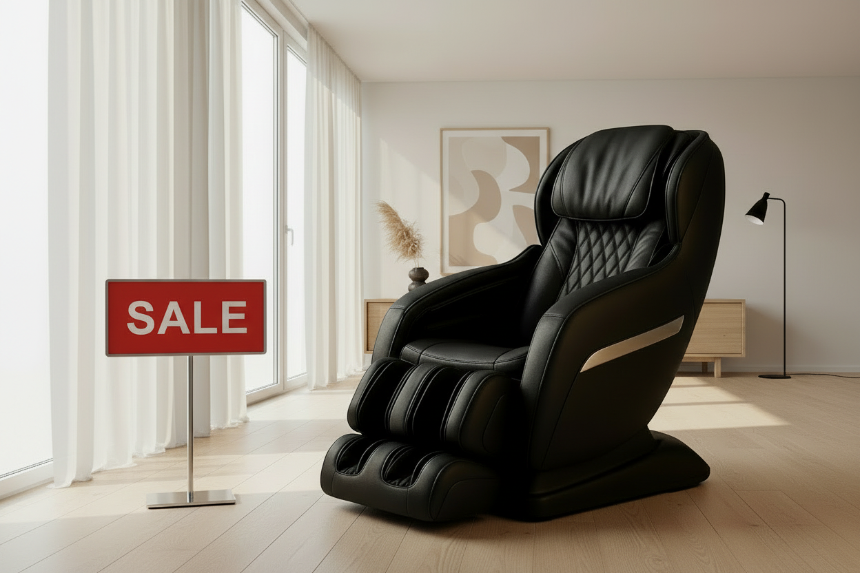 Black massage chair in a room with a 'SALE' sign.