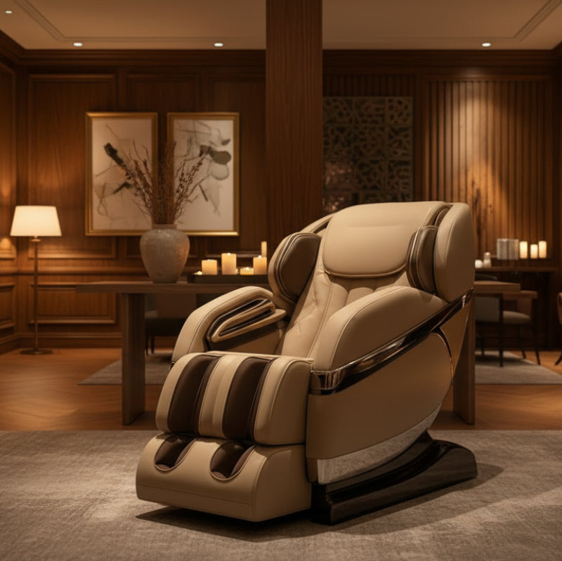 Beige massage chair in a dimly lit room with wooden walls and decor.