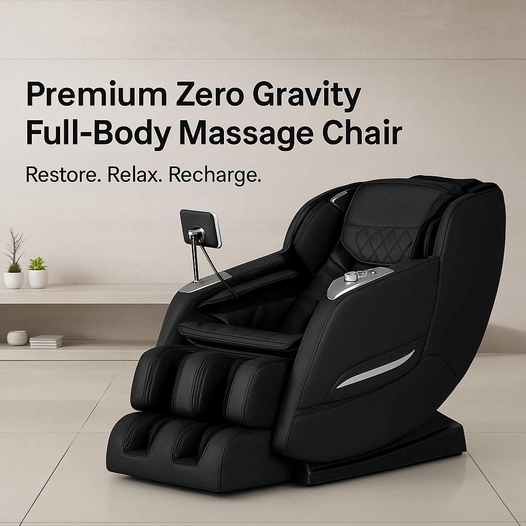 Black zero gravity massage chair in a room with decorative plants and a neutral wall.