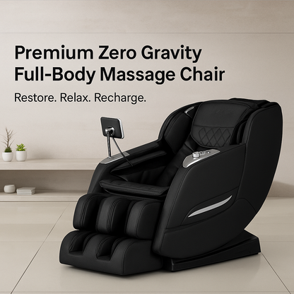 Black zero gravity massage chair in a room with decorative plants and a neutral wall.