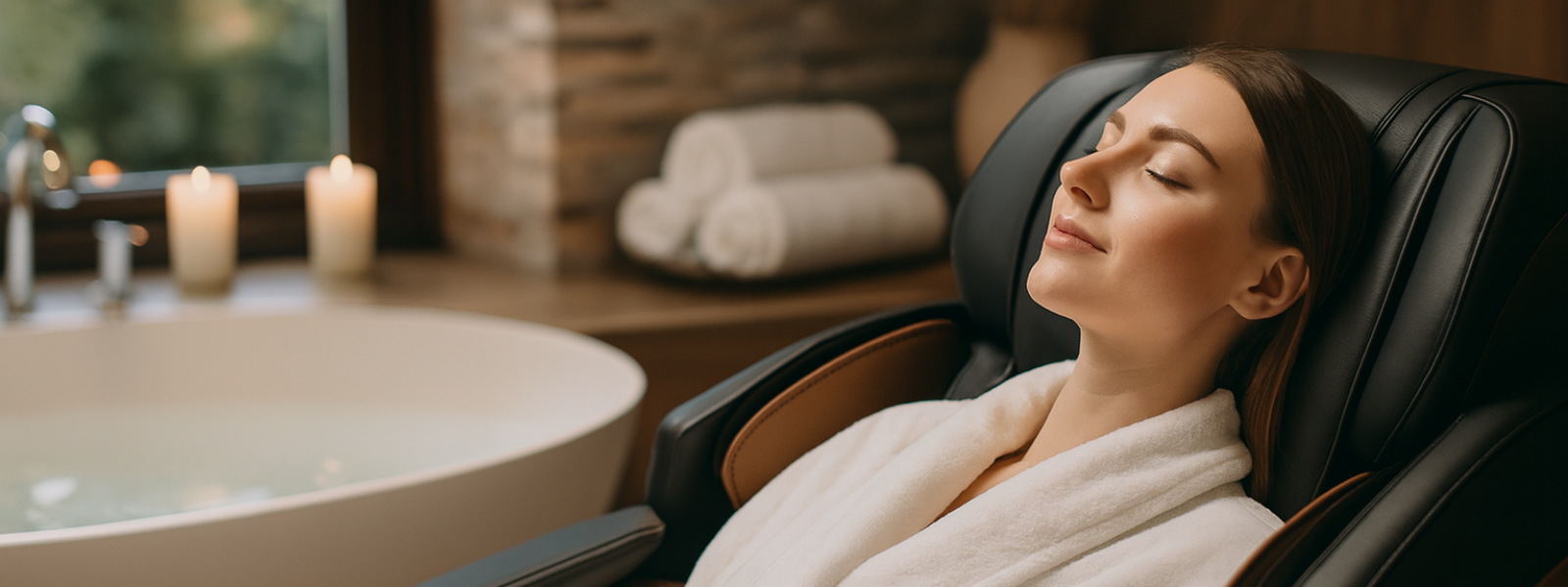 Woman in a white robe relaxing in a massage chair with candles and a bathtub in the background.