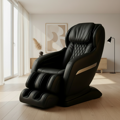Black massage chair in a room with a cityscape view
