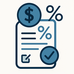 Icon with a document, dollar sign, percentage symbols, and check mark on a white background with 'FINANCING AVAILABLE' text.