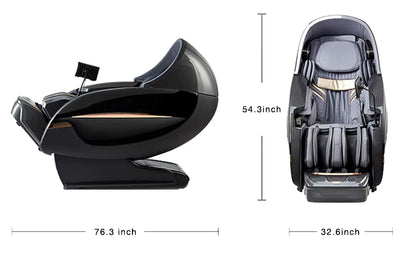 Black massage chair with dimensions on a white background