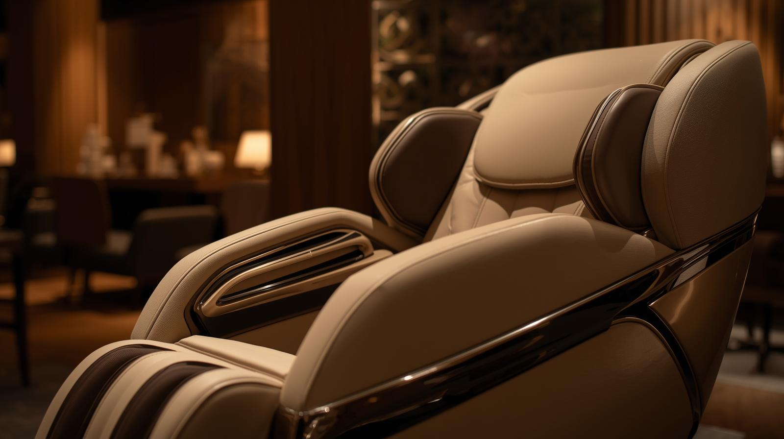 Massage chair in a dimly lit room with tables and chairs in the background