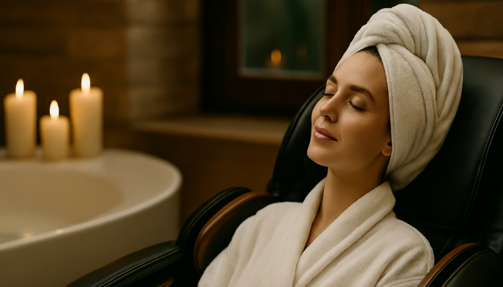 Woman in a massage chair with candles and a bath tub in the background, promoting wellness and relaxation.