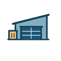 Icon of a warehouse with a blue circle background and 'US Warehouses' text below.