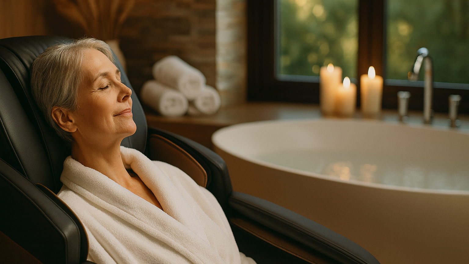 A woman in a white robe is relaxing in a massage chair next to a bathtub with candles.
