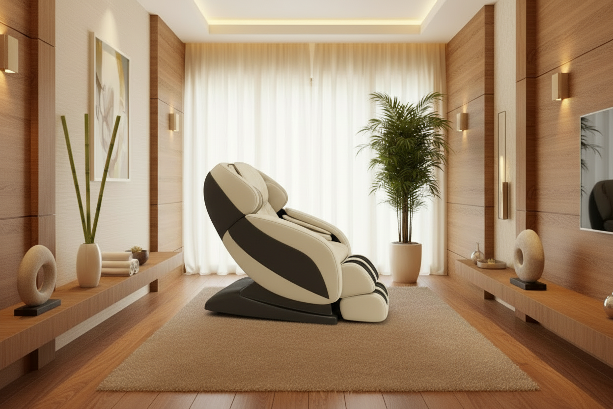 Modern massage chair in a stylish room with wooden walls and decor